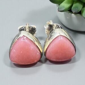 Natural Peruvian Pink Opal Stud Earrings 925 Sterling Silver Handmade Artisan